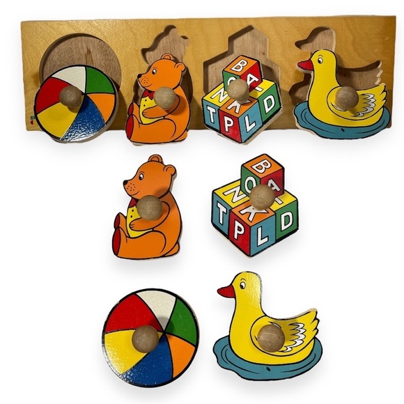 Vtg Puzzle Wood Knob Peg Handle Toddler Bear Ball Duck Blocks 1994 Doron Layeled - Picture 1 of 15